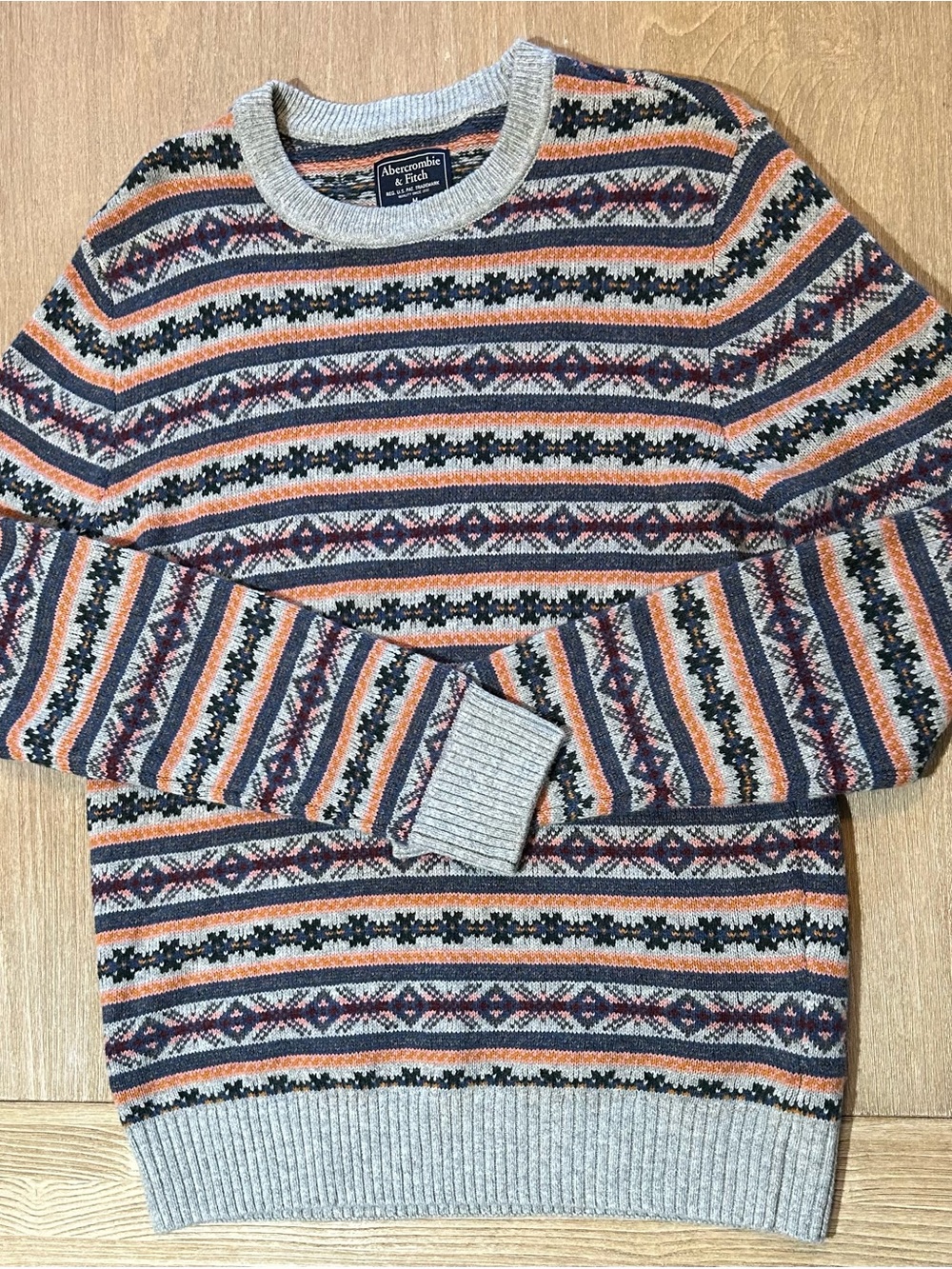 Abercrombie & Fitch Men's Fair Isle Crewneck Sweater - Gray Multi-Color - Size M